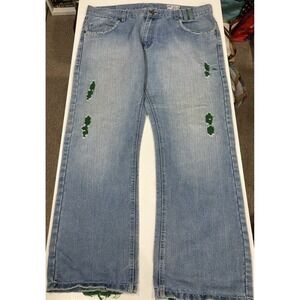 DODECA Denim Jeans 40x31 Y2K‎ Baggy Wide-Leg Light Blue w/Green Detail